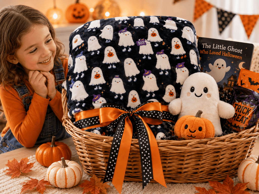 Serafina Home Halloween Throw Blanket: Fuzzy Boo! Jack O'Lantern Spider Webs Skull and Black Cats Print on Velvet Fleece for Sofa Bed Couch Chair Dorm