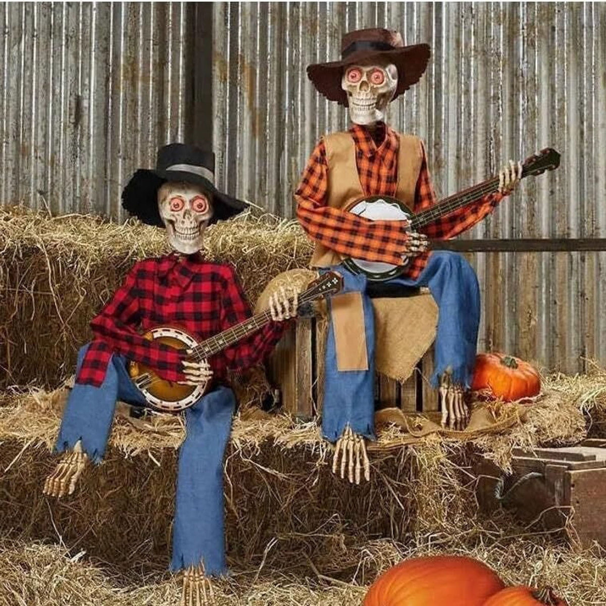 Dueling_Banjo Skeletons, 2025 Funny Animated Dueling_Banjo Halloween Skeletons, Country Skeleton Musicians with Light up Eyes for Halloween Decoractions Indoor Home Decor (Red&Yellow,2Pcs)