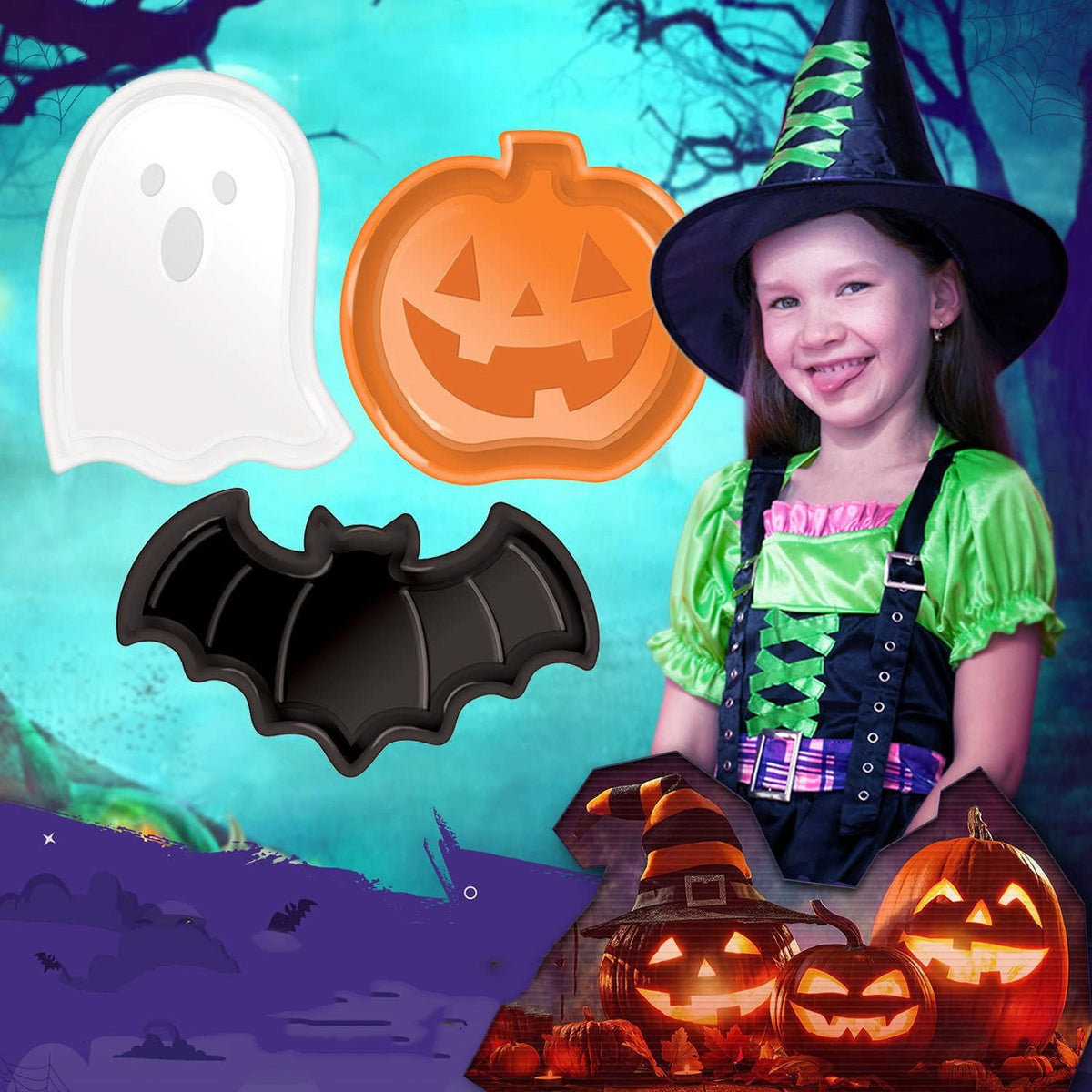 Halloween Serving Trays Set of 3 Pumpkin Ghost Bat Candy Snack Platters Farmhouse Trays for Party Decor Dessert Plates