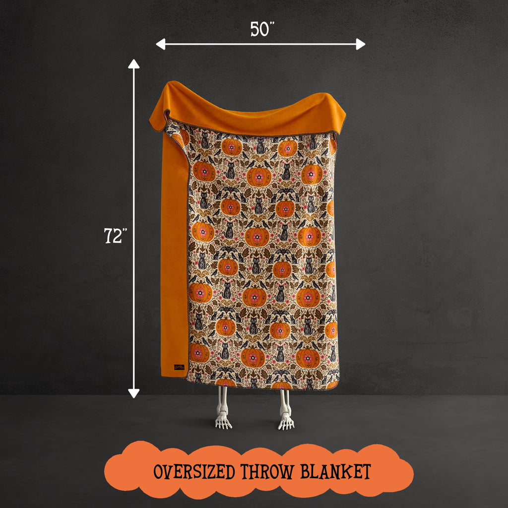 Boo-tique Halloween Plush Soft Oversized Couch Throw Blanket, Cats and Pumpkins, Orange, 50 x 72 in