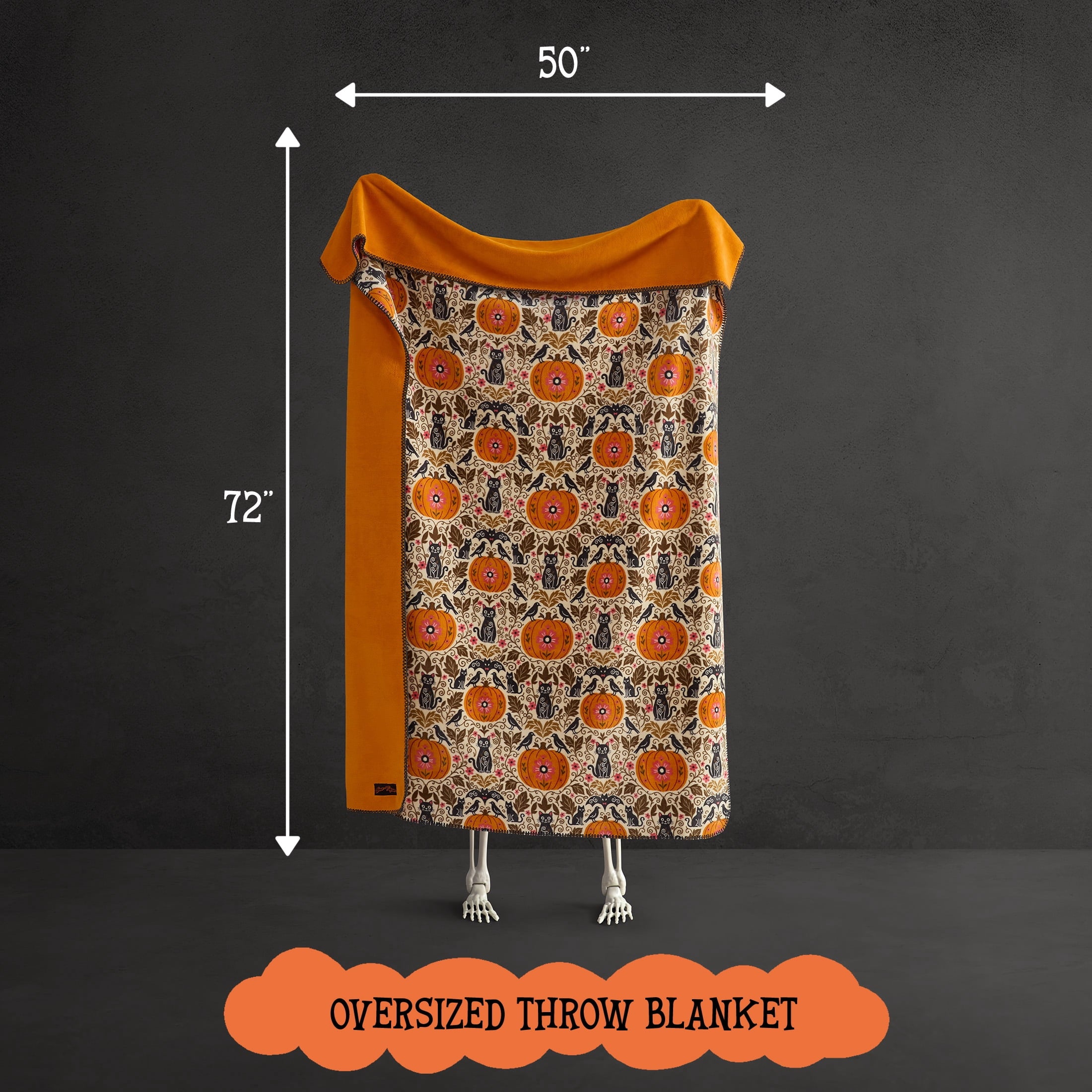 Boo-tique Halloween Plush Soft Oversized Couch Throw Blanket, Cats and Pumpkins, Orange, 50 x 72 in