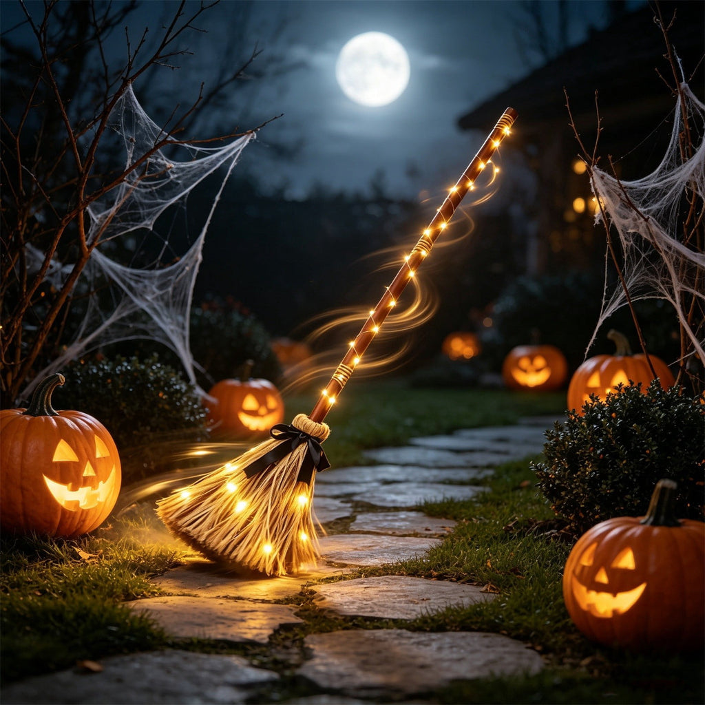 Halloween Decoration Indoor, 5.5 Ft Giant Light-Up Witches Broom, Rustic Halloween Decor for Porch, Yard, Front Door