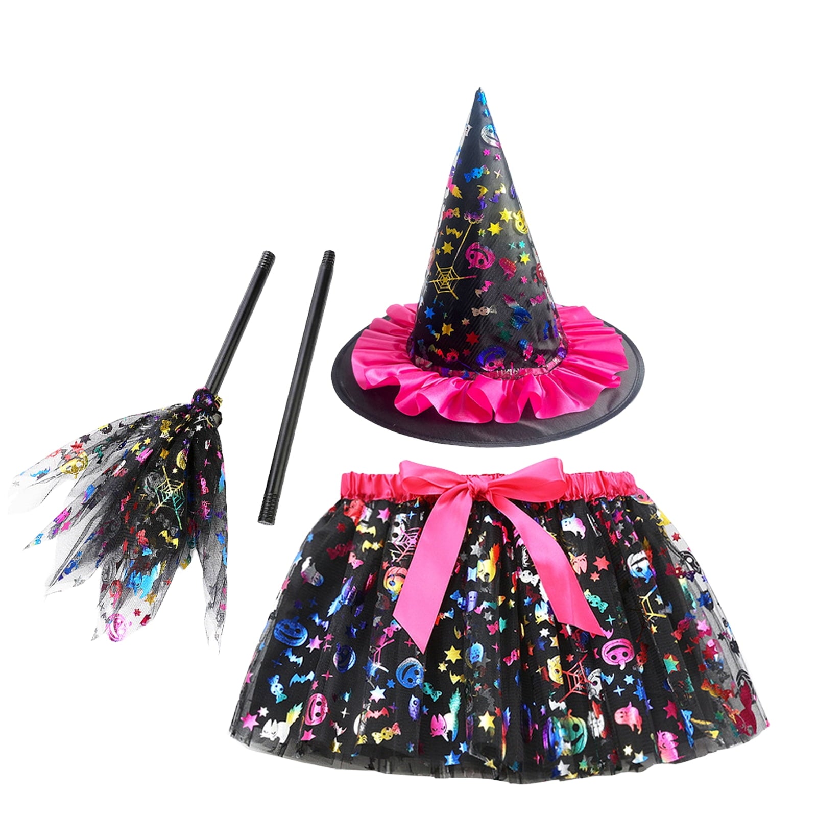 choiix Witch Tutu Skirt and Hat Set with Broomstick Halloween Costume Outfit with Printed Tulle Skirt and Witch Hat Cosplay Outfit for Party 100