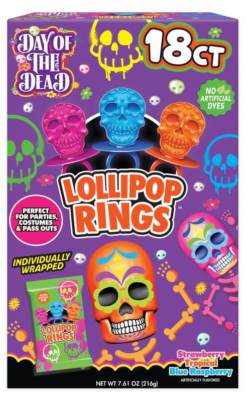 Halloween Day Of The Dead Sugar Skull Lollipop Rings Box Of 18 Assorted Flavors