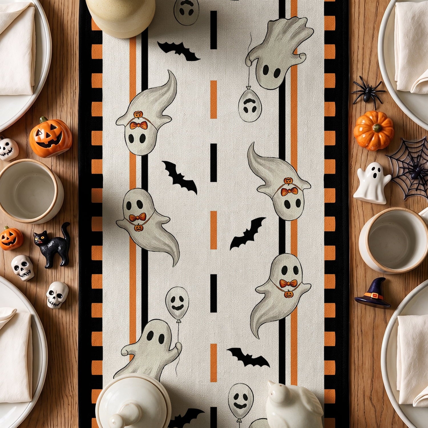 Sm:)e Halloween Table Runner Ghost Pumpkin 13x72 Inch, Halloween Party Kitchen Dining Indoor Outdoor Decorations,Orange