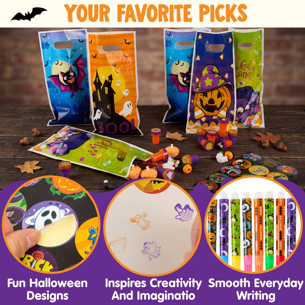 Joyfy 192 Pcs Halloween Stationery Set, Halloween Markers Rulers Stickers Erasers Stamps Notebooks Bags Party Favors,Halloween Trick or Treat Bags,Halloween Gifts for Kids,Classroom Favors