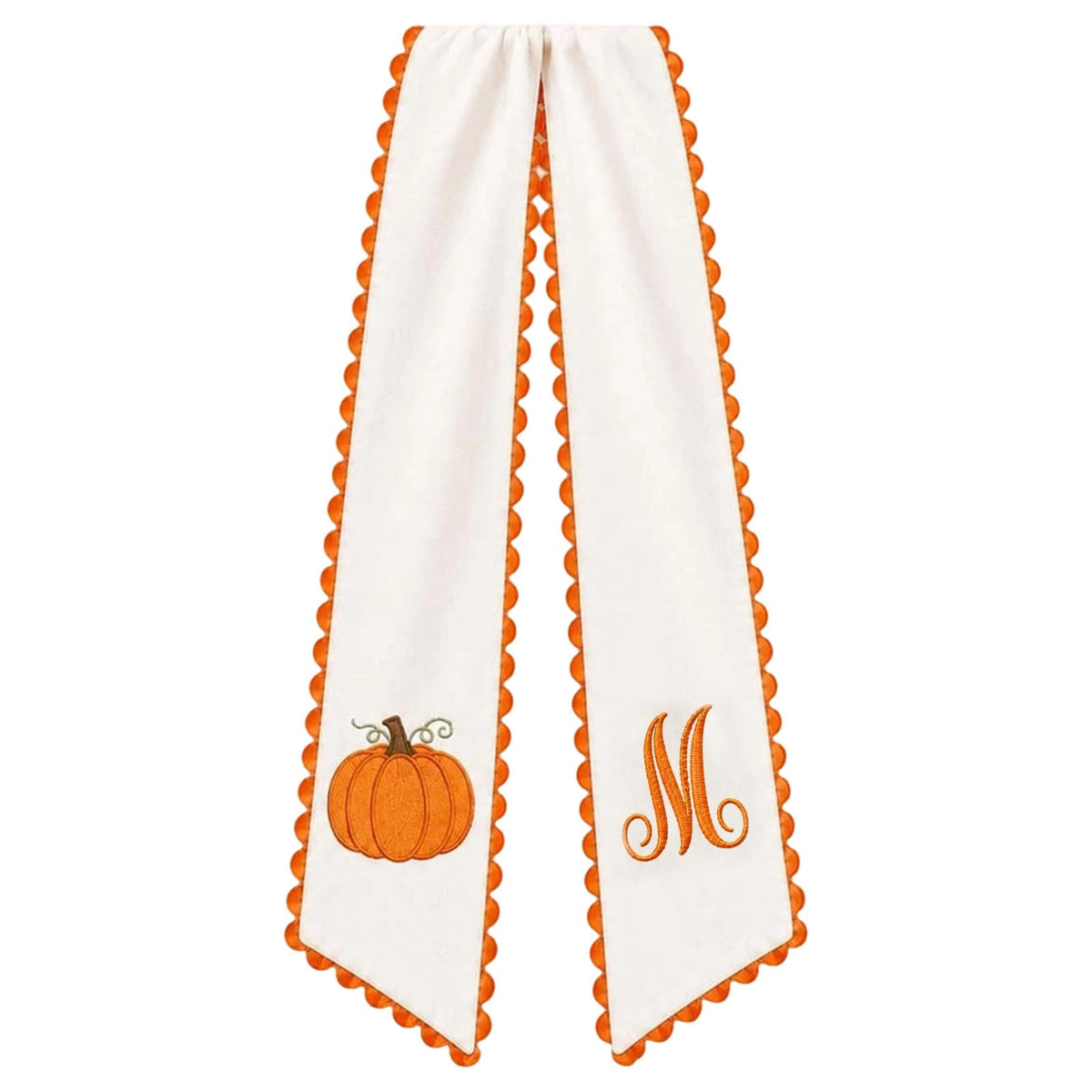 Pumpkin Embroidered Wreath Sash, 50 x 5 inch Orange Scalloped Lettered Ribbon for Halloween, Thanksgiving, Front Door, Seasonal Garland and Fall Home Decor, I