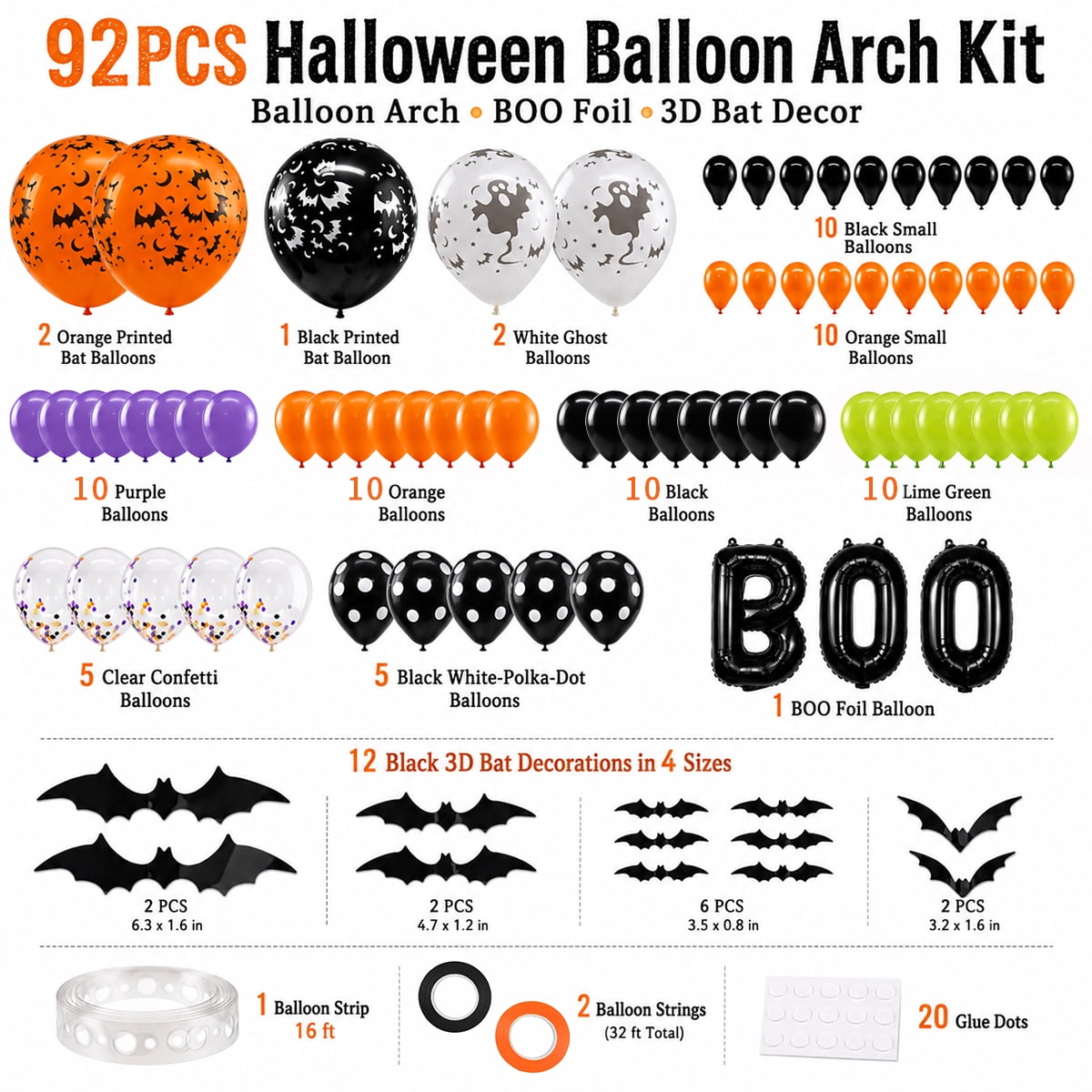 Halloween Balloons, Latex Arch Garland Kit With BOO Foil Confetti Balloons Bat Decoration Set for Halloween Party Decorations 92Pcs