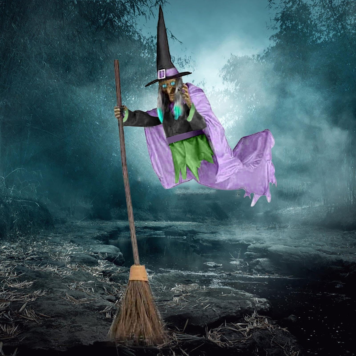 6FT Animated Flying Witch Decoration with Lights and Sounds Green 1pc