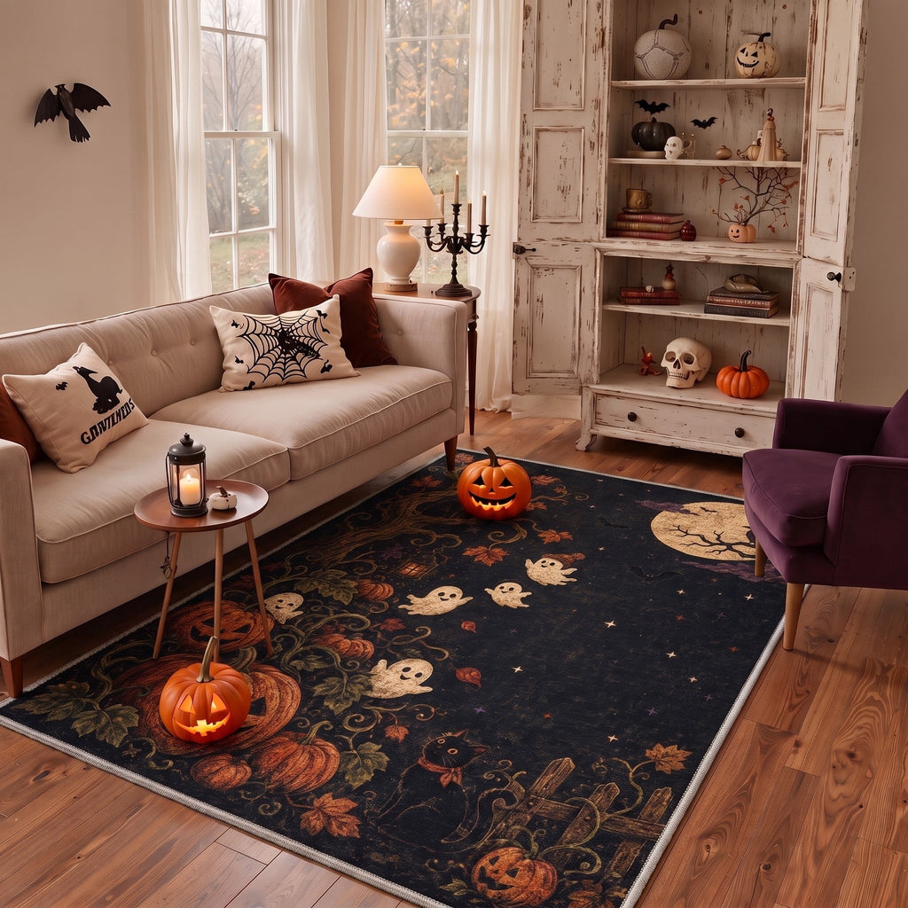 GENIMO 5'x7' Halloween Area Rug for Living Room, Washable Non Slip Soft Farmhouse Pumpkin Indoor Rug for Bedroom Dining Room Home Office, Vintage Sepia