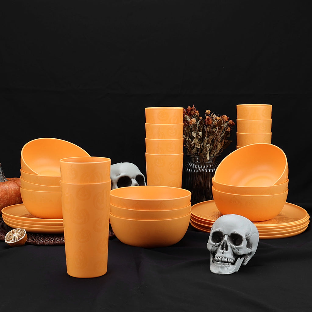 Mainstays 30-Piece Plastic Etched Pumpkin Dinnerware Set, Orange