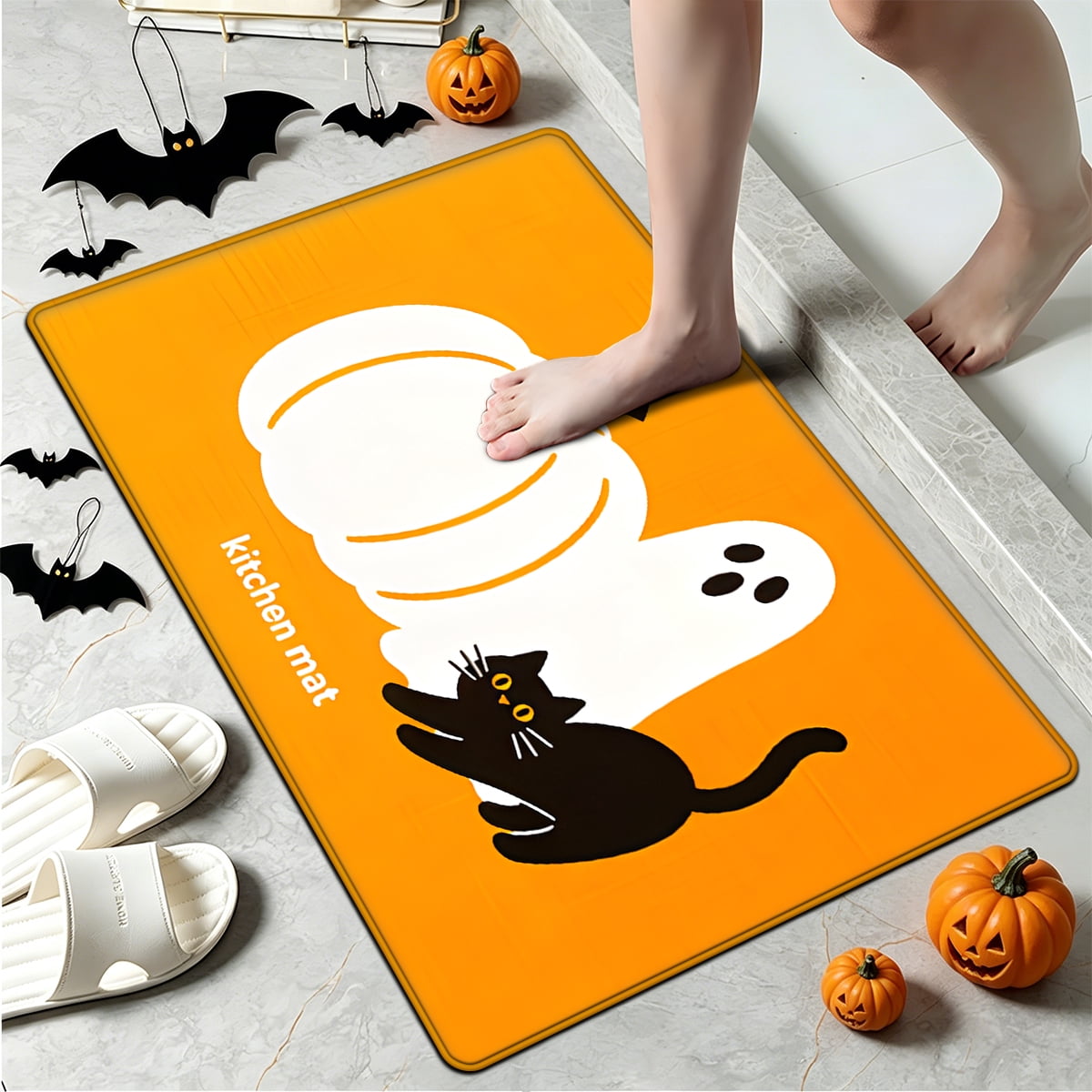 YIMEIS Halloween White Pumpkin Multi-purpose 3-Piece Flannel Mat and Kitchen Rugs,Soft Non-slip for Home Bedroom Bathroom