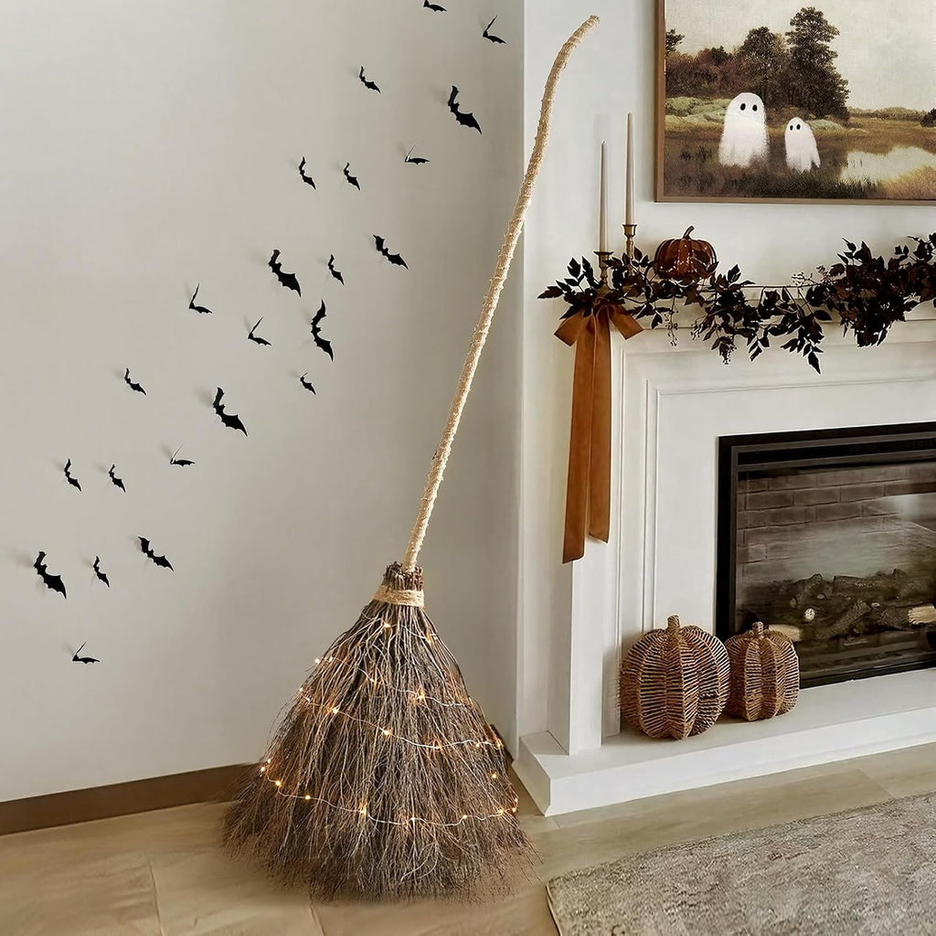 Halloween Decoration Indoor, 5.5 Ft Giant Light-Up Witches Broom, Rustic Halloween Decor for Porch, Yard, Front Door
