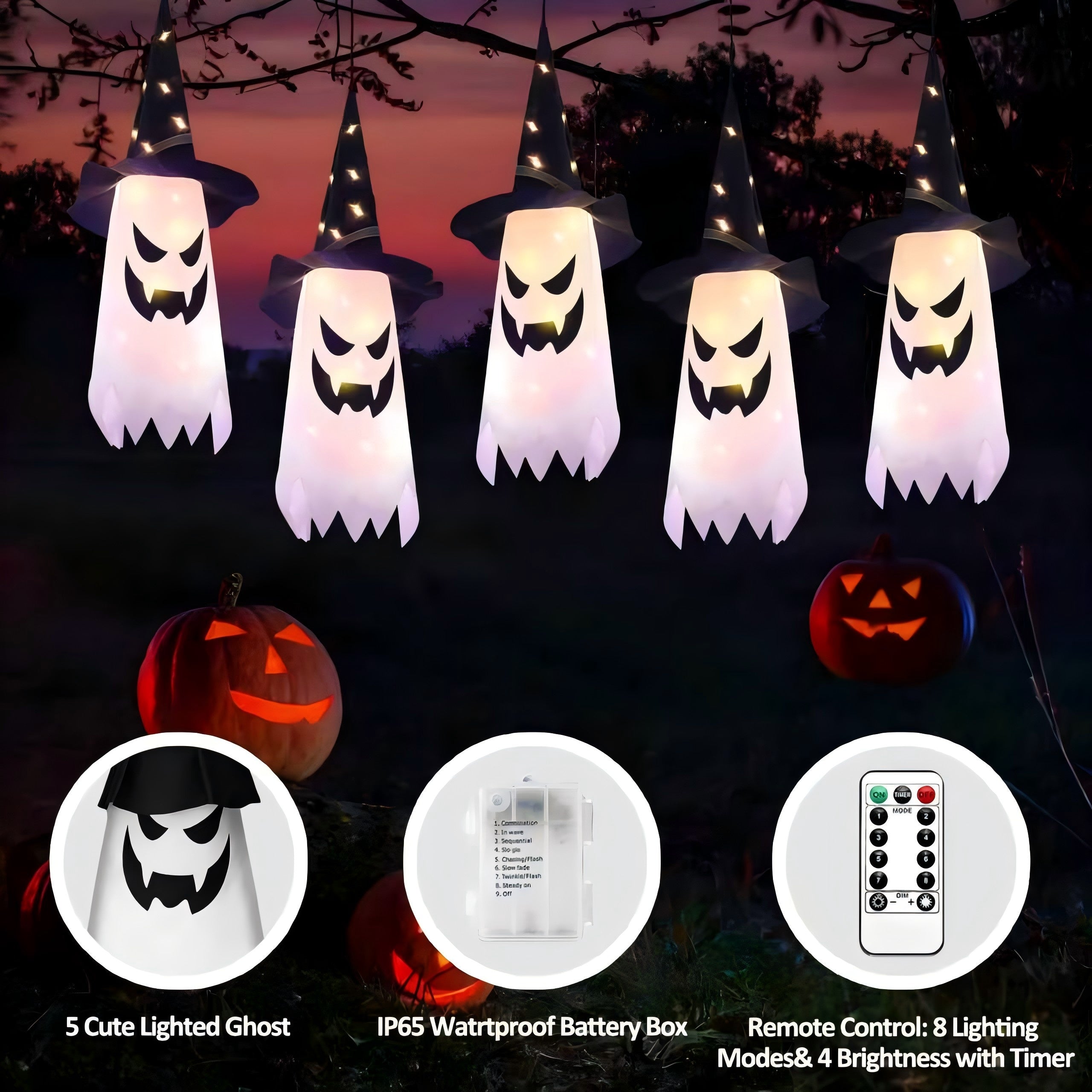 ZOEYKIMLO Halloween Witch Hat Lights Decorations Outdoor, Upgraded 5pcs Hanging Glowing Witch String Lights with 8 Modes, Waterproof Halloween Light for Outdoor, Garden, Party Decor
