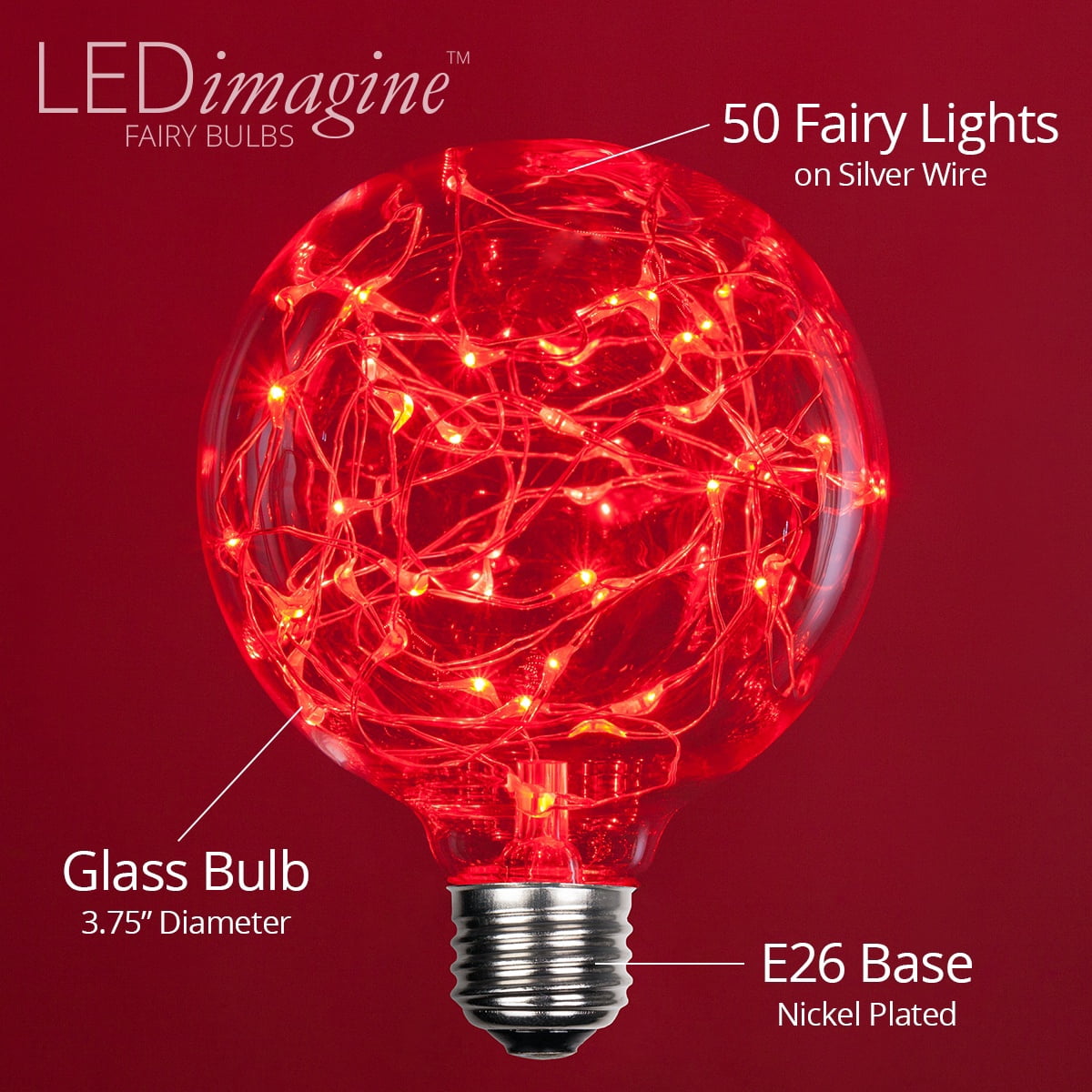 LEDimagine G80 Fairy Light Bulb, 50 Multicolor Color Changing LED Diodes Inside, Clear Glass Finish, E26 Base