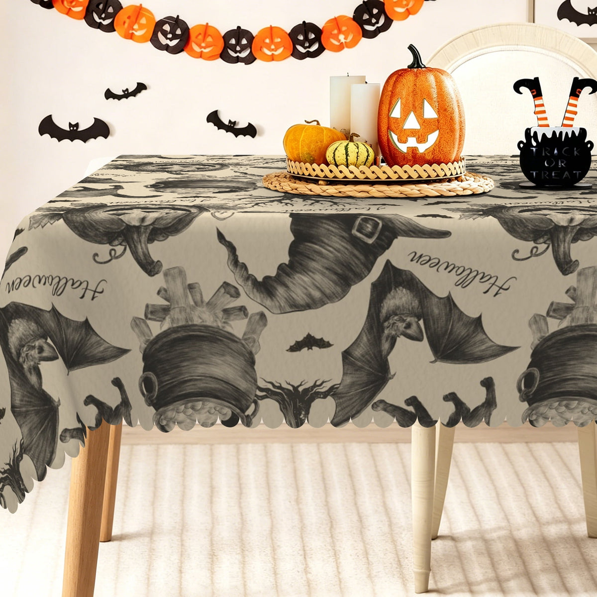 Pbobriich Vintage Halloween Tablecloth, Witch Hat Bat, Holiday Kitchen Dining Room Party Decor, 60x84
