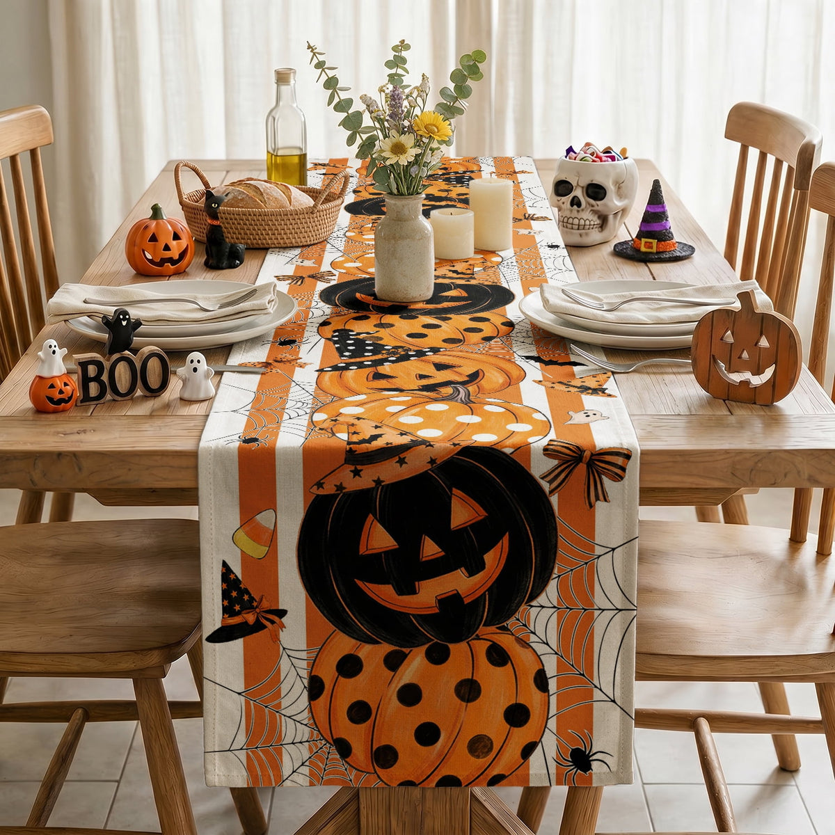 Sm:)e Halloween Table Runner Ghost Pumpkin 13x72 Inch, Halloween Party Kitchen Dining Indoor Outdoor Decorations,Orange