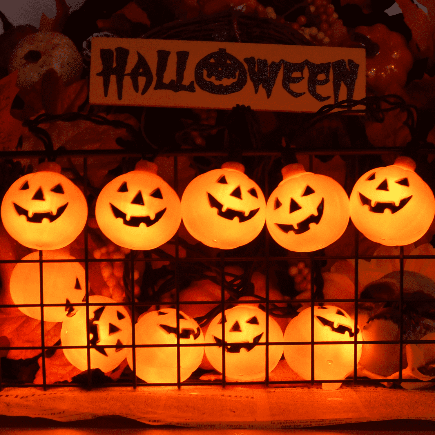 Halloween Pumpkin String Lights, 8.5Ft Outdoor Halloween Decorations Lights with 10 Jack-O-Lantern Lights, Hanging Pumpkin String Lights Party Patio Garden Window Decor