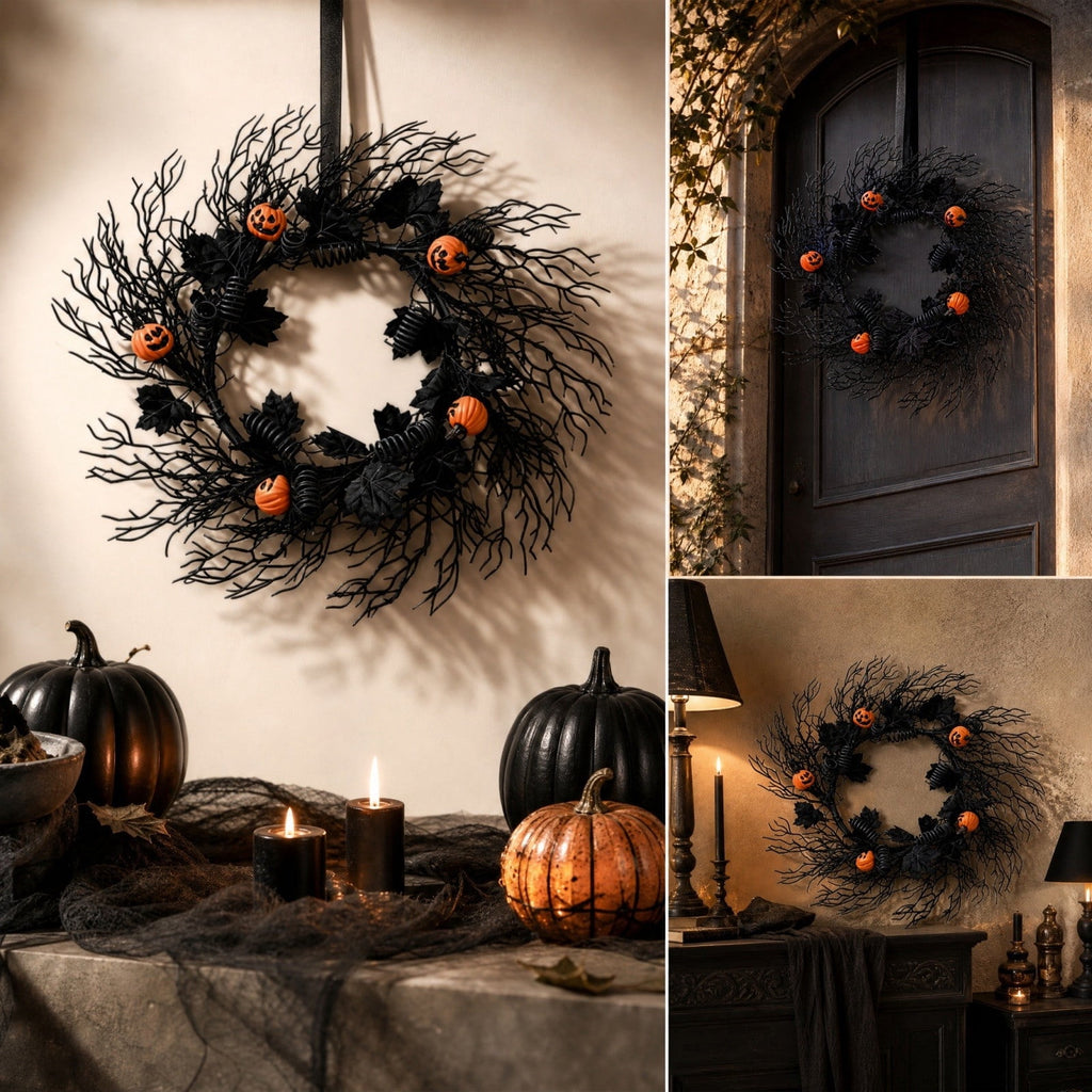 WWC Halloween Wreath, 18 inch Black Bats and Bare Branch Wreath, Gothic Halloween Decor Twig Wreath for Halloween Party Front Door Porch and Fireplace