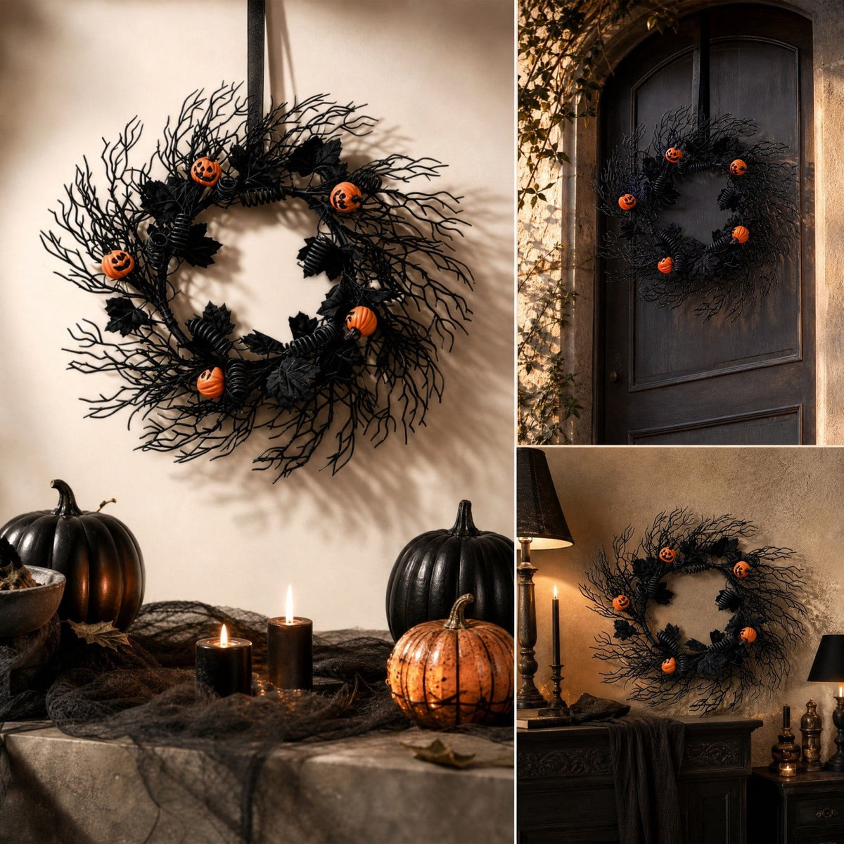 WWC Halloween Wreath, 18 inch Black Bats and Bare Branch Wreath, Gothic Halloween Decor Twig Wreath for Halloween Party Front Door Porch and Fireplace