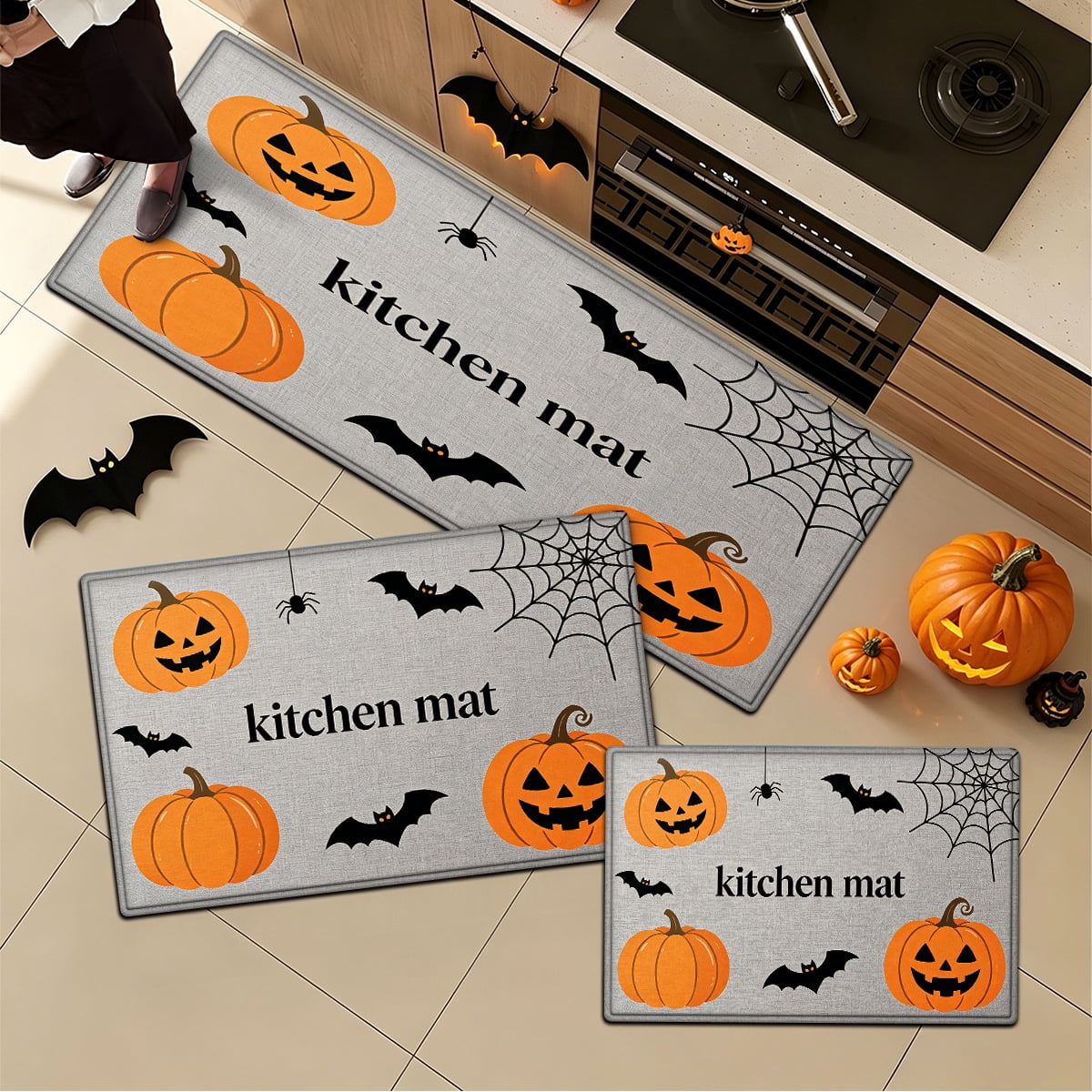 YIMEIS Halloween Pumpkin Lanterns 3Pcs Flannel Mat and Kitchen Rugs Set,Soft Non-slip,Perfect for Home Bathroom