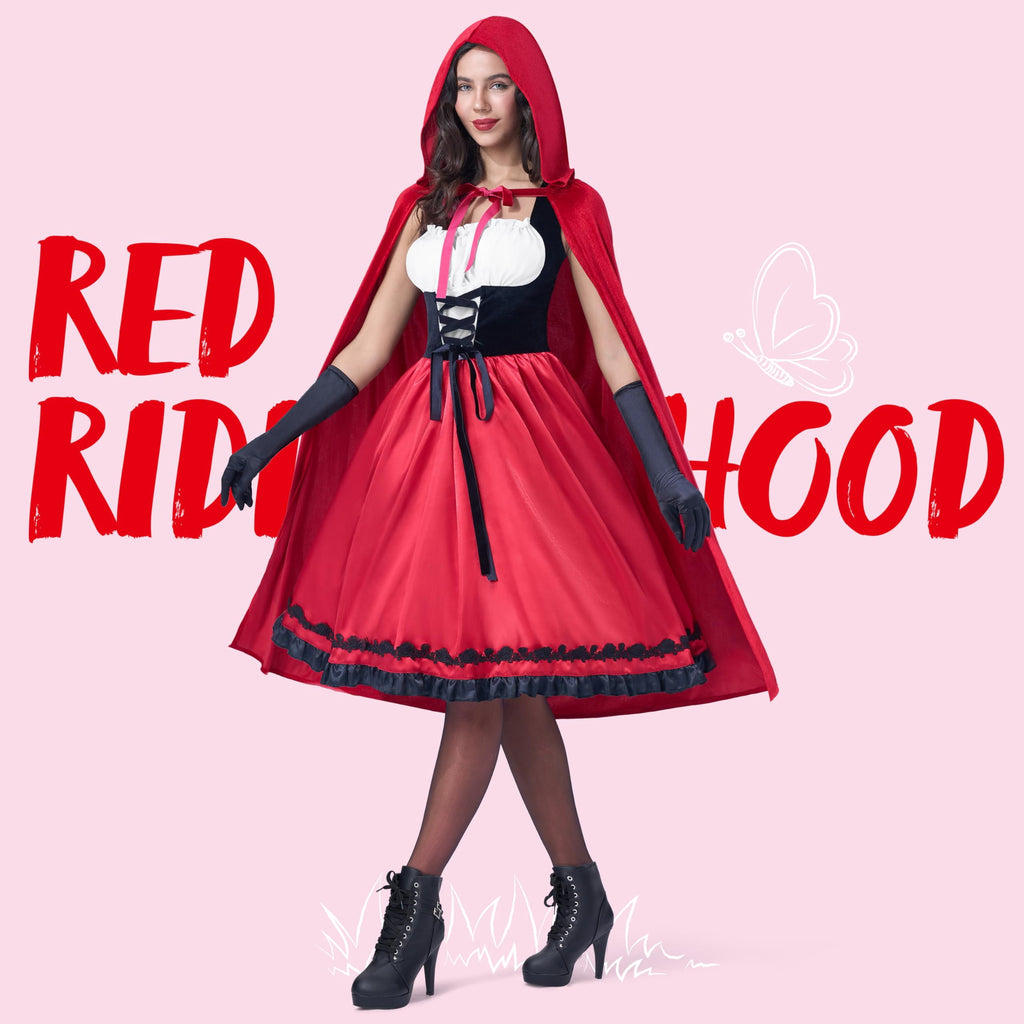 Joyfy Women Little Red Riding Hooded Costume with Dress, Cape and Gloves, Adult Women Halloween Costume for Halloween Party Cosplay