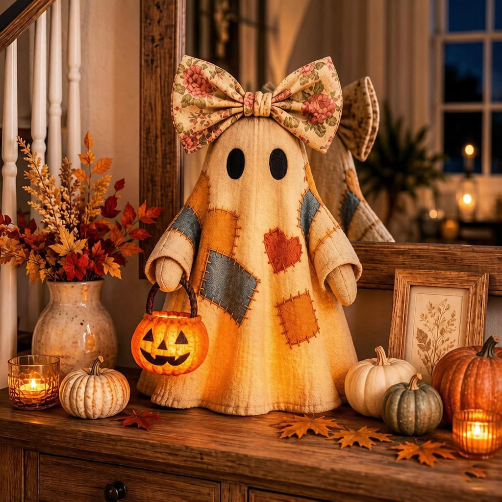 Lighted Vintage Patchwork Ghost, Light Up Ghost with Pumpkin Lantern Halloween Decor, Vintage Halloween Patchwork Ghosts Lamp, for Mantel Shelf Entryway Porch