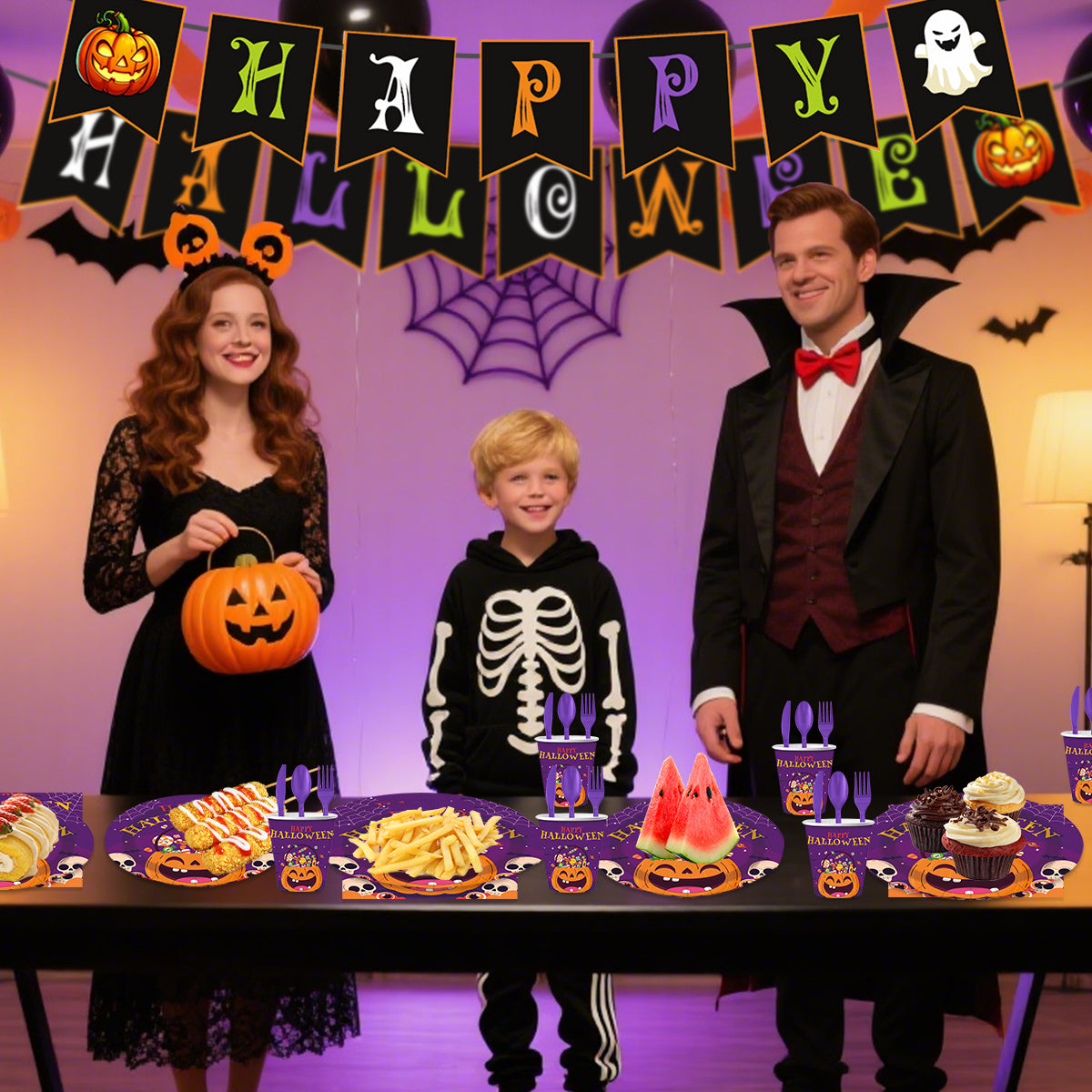 Halloween Paper Plates for Halloween Party Decoration Disposable Cups Napkins Table Cover for Halloween Banner Birthday Party Supplies Serve 20 Design 3
