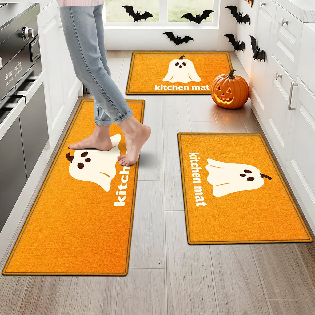 YIMEIS Halloween White Pumpkin Multi-purpose 3-Piece Flannel Mat and Kitchen Rugs,Soft Non-slip for Home Bedroom Bathroom