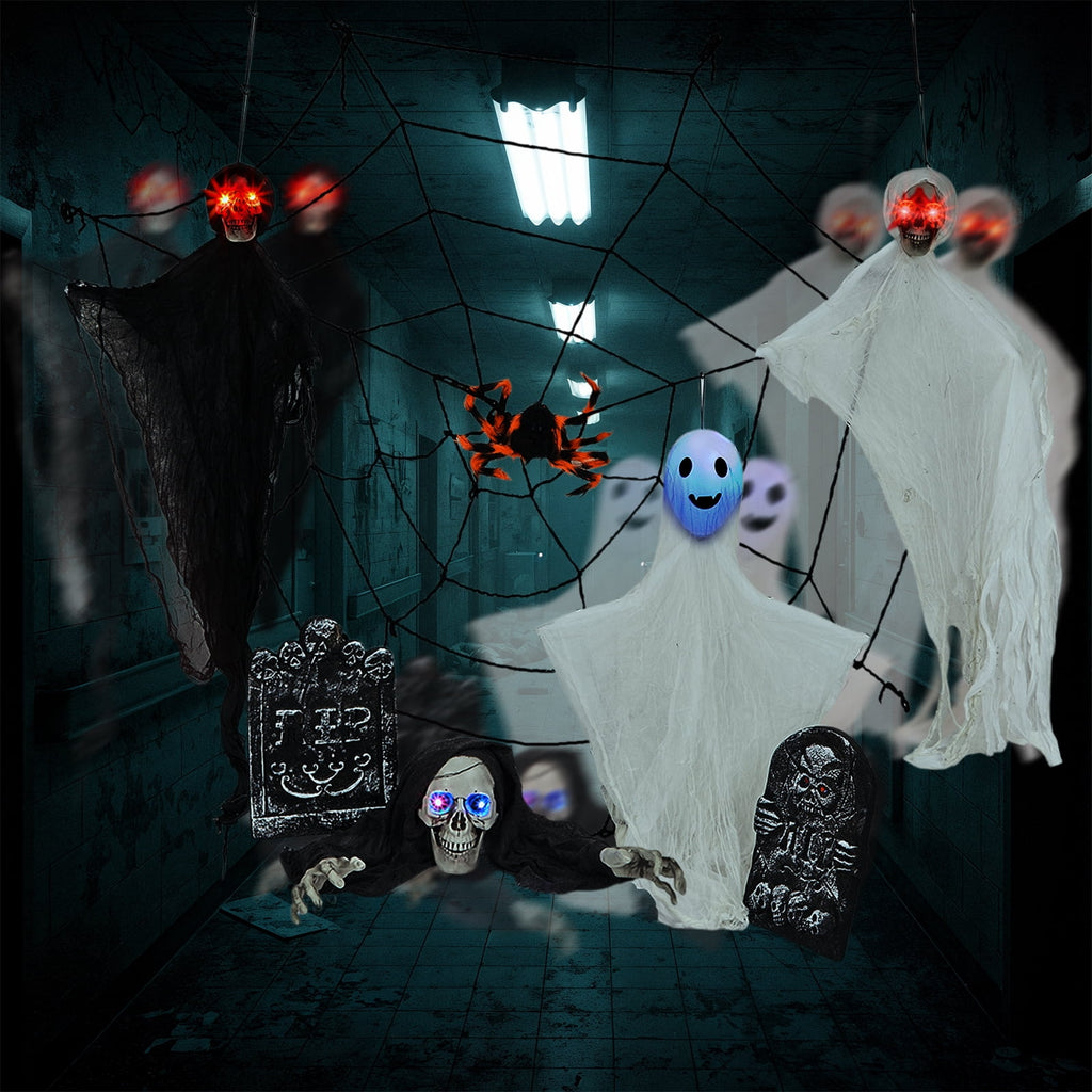 Ktaxon 4ft Halloween Outdoor Decoration Ghost Set Hanging Animated Decoration 8pcs Creepy Set w/ Pre-Recorded Screaming