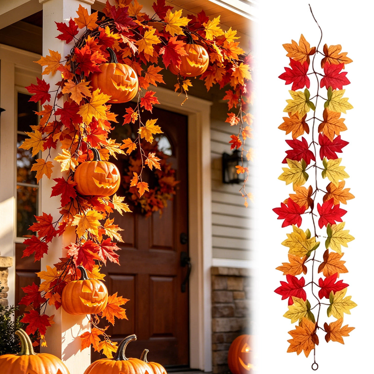 WKSCLPAI Halloween Maple Leaf Garland, Fall Vine Wreaths for Autumn Festivities Decor,Seasonal Garlands for Home,Halloween & Fall Decorations