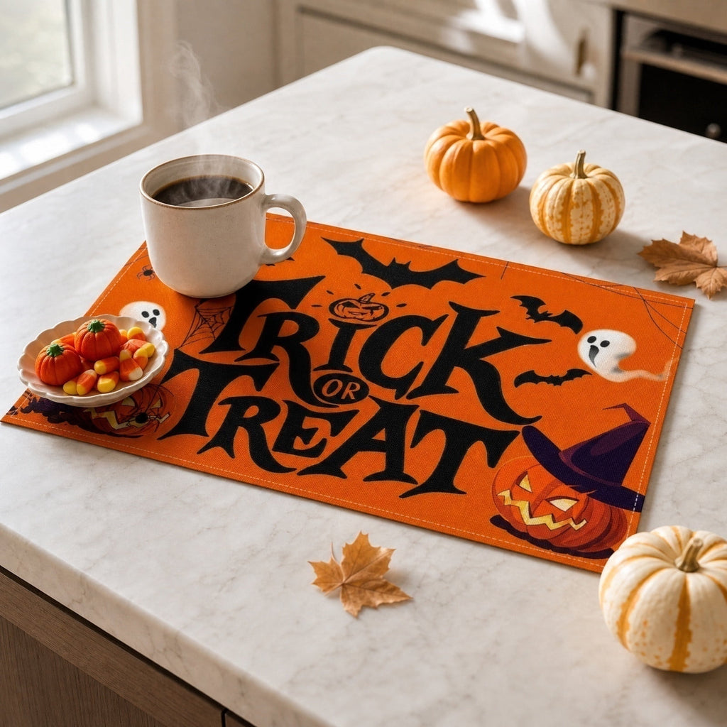 Halloween Pumpkin Placemats Set of 4, 12x18 Inch Pumpkin and Black Cat Table Mat, Washable Heat Resistant Place Mats for Kitchen Dining Table, Spooky Themed Decoration for Home, A