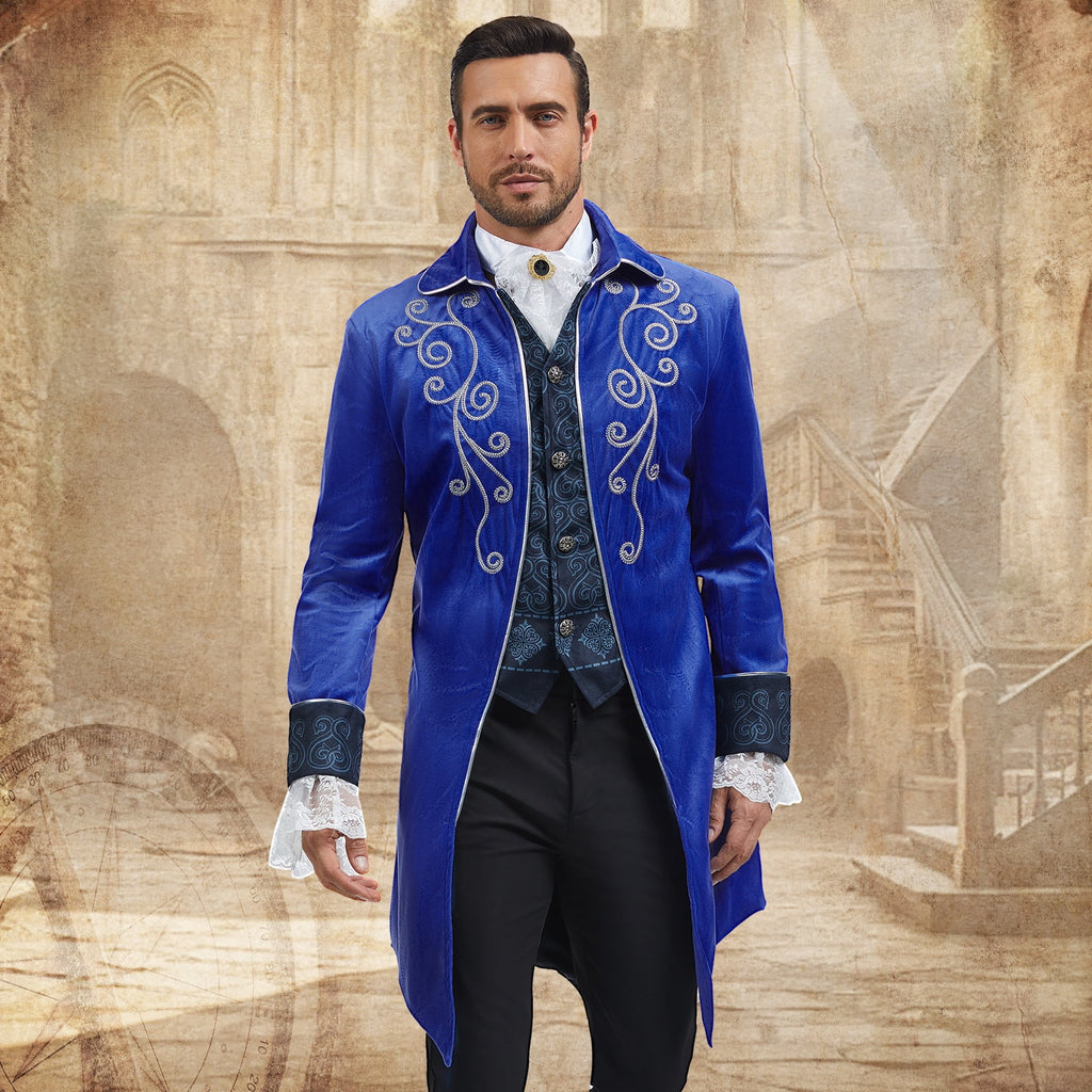 MYATED Medieval Steampunk Tailcoat for Men,Gothic Victorian Frock Coat Renaissance Pirate Jackets Halloween Party Cosplay Costumes,Blue,S
