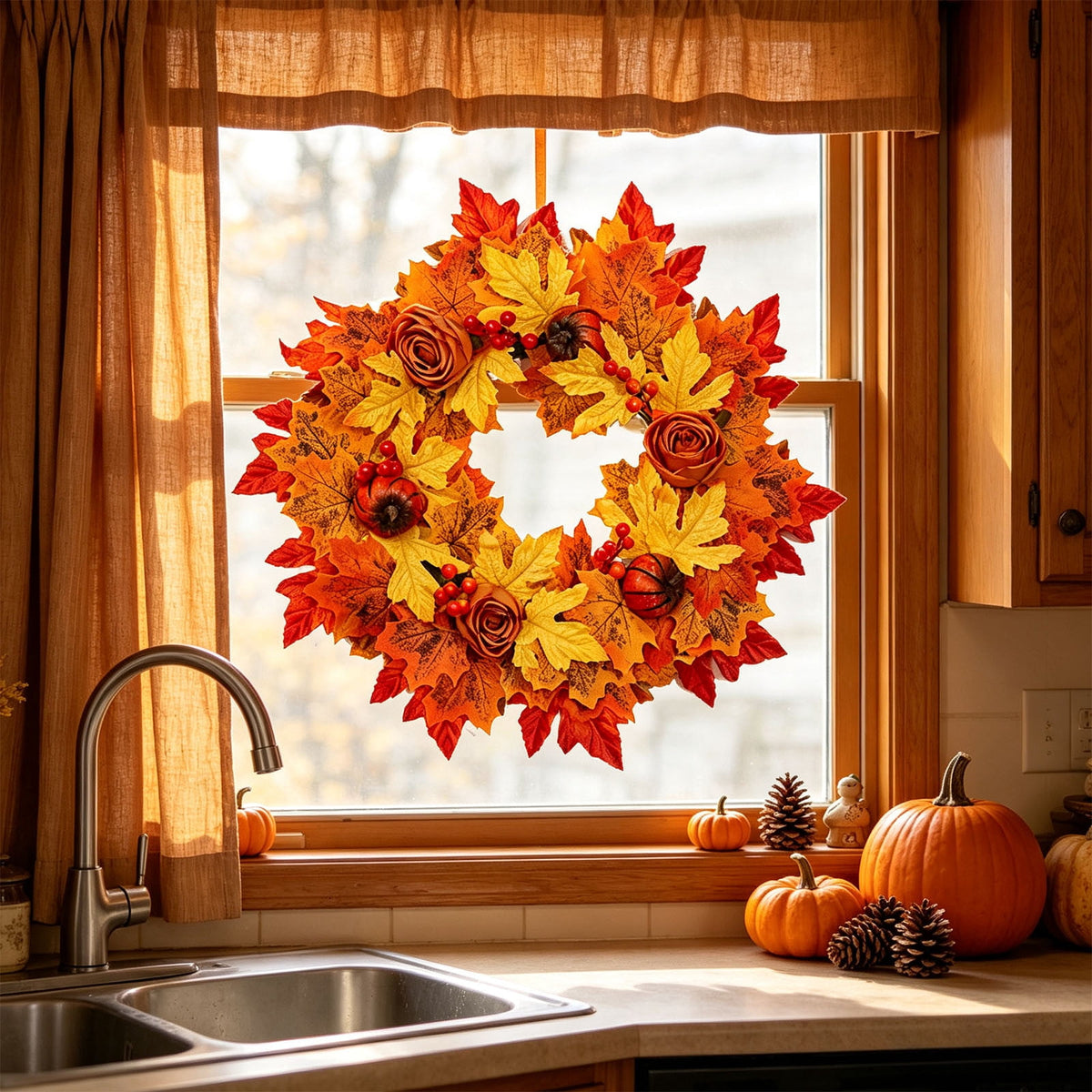HOARBOEG Handmade Wrought Iron Maple Leaf Wreath, Thanksgiving Rudolph Fall Harvest Door Hanging, Orange Metal Autumn Wreath with Berries, Garden Wall Decor, 15.75 in