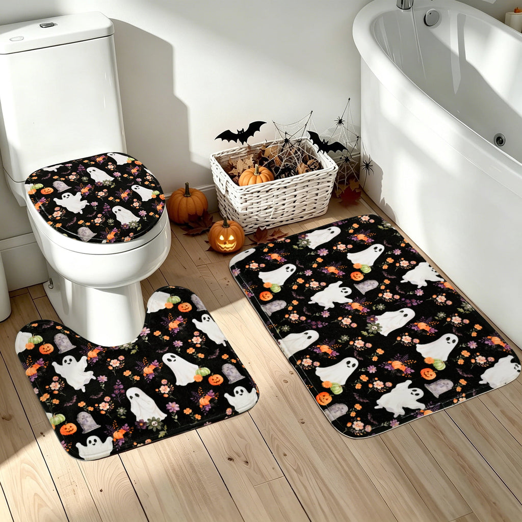 FRAMICS Halloween Shower Curtain Sets with Rugs, 16 Pc Pumpkin Spooky Ghost Bathroom Sets, Black Waterproof Fabric Shower Curtain with 12 Hooks and Toilet Rugs