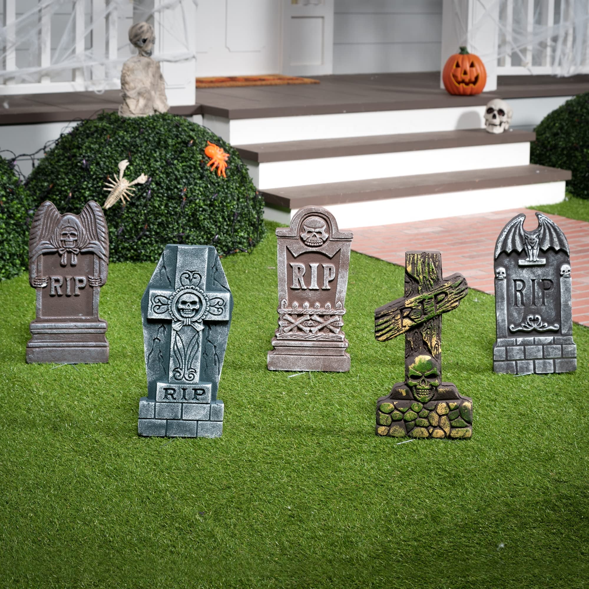 Joyfy 17" Halloween 5 Pack Tombstone Decorations, Foam RIP Graveyard Signs Cemetery Headstones Scary Outdoor Indoor Halloween Decor with 12 Metal Stakes for Easy Set Up, Waterproof for Garden Lawn