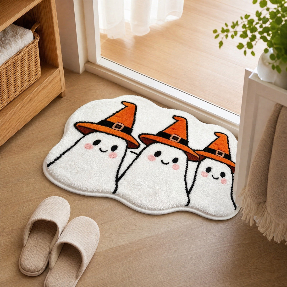 Halloween Doormat Ghost Bath Mat 23.6x15.7in Secure-Grip Absorbent Soft Faux Fur Rug for Bathroom Bedroom Living Room Decor by OVFUIZ