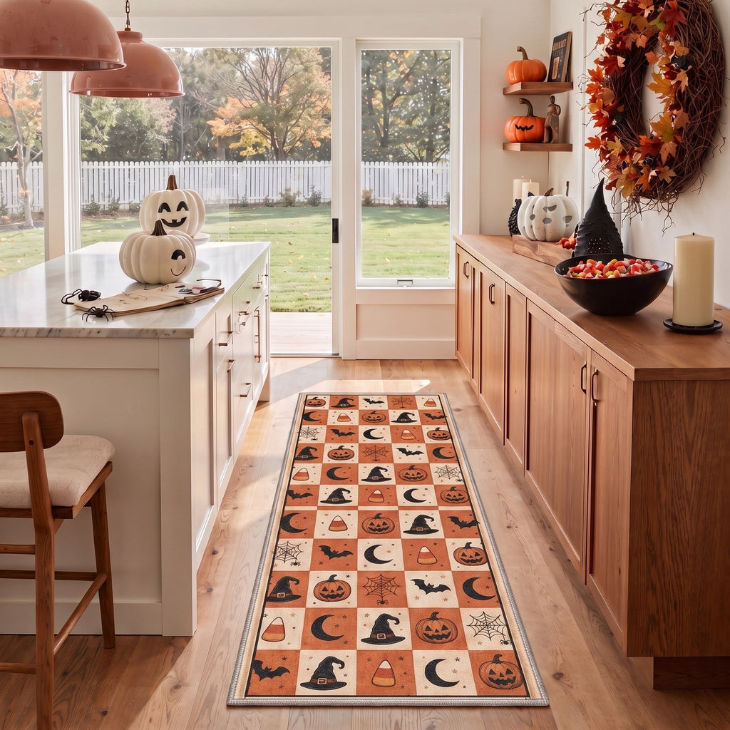 GENIMO 2'x7' Halloween Runner Rug, Washable Non Slip Soft Vintage Witch Indoor Outdoor Hallway Runner for Porch Patio Kitchen Entryway, Vintage Black