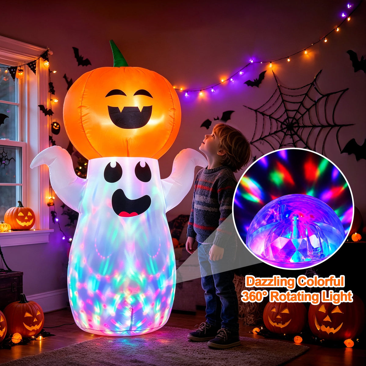 GVDV 5Ft Halloween Inflatable Pumpkin Ghost with 360° Rotating Colorful LED Lights, Cute Indoor/Outdoor Decor for Party, Yard, Lawn