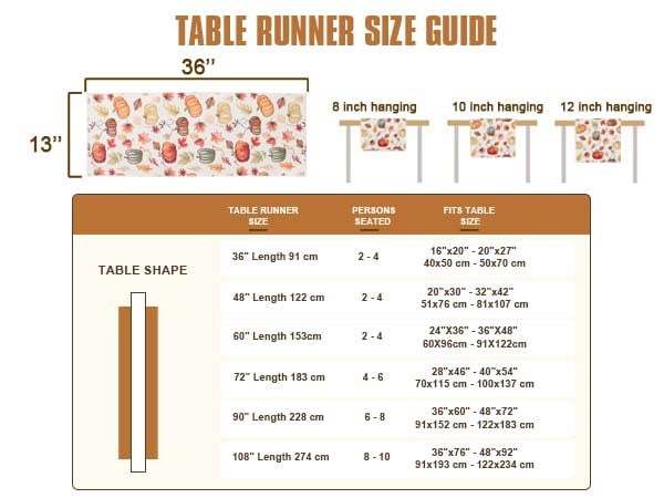 OVZME Joyce Fall Leaves Table Runner for Kitchen Dining Table, Thanksgiving Autumn Printed Harvest Pumpkins Maple Leaves for Halloween Holiday Home Decorations, Water-Proof, Washable, 13" W x 90" L