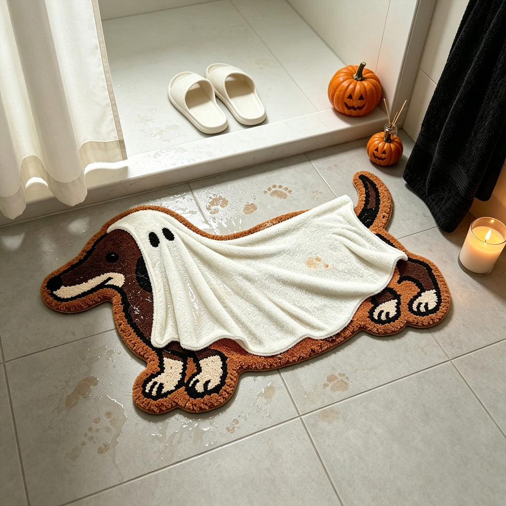 16"x24" Dachshund Ghost Doormat, Soft Faux Fur Non-Slip Halloween Floor Mat, Water Absorbent Entry Rug Spooky Decor Party Props