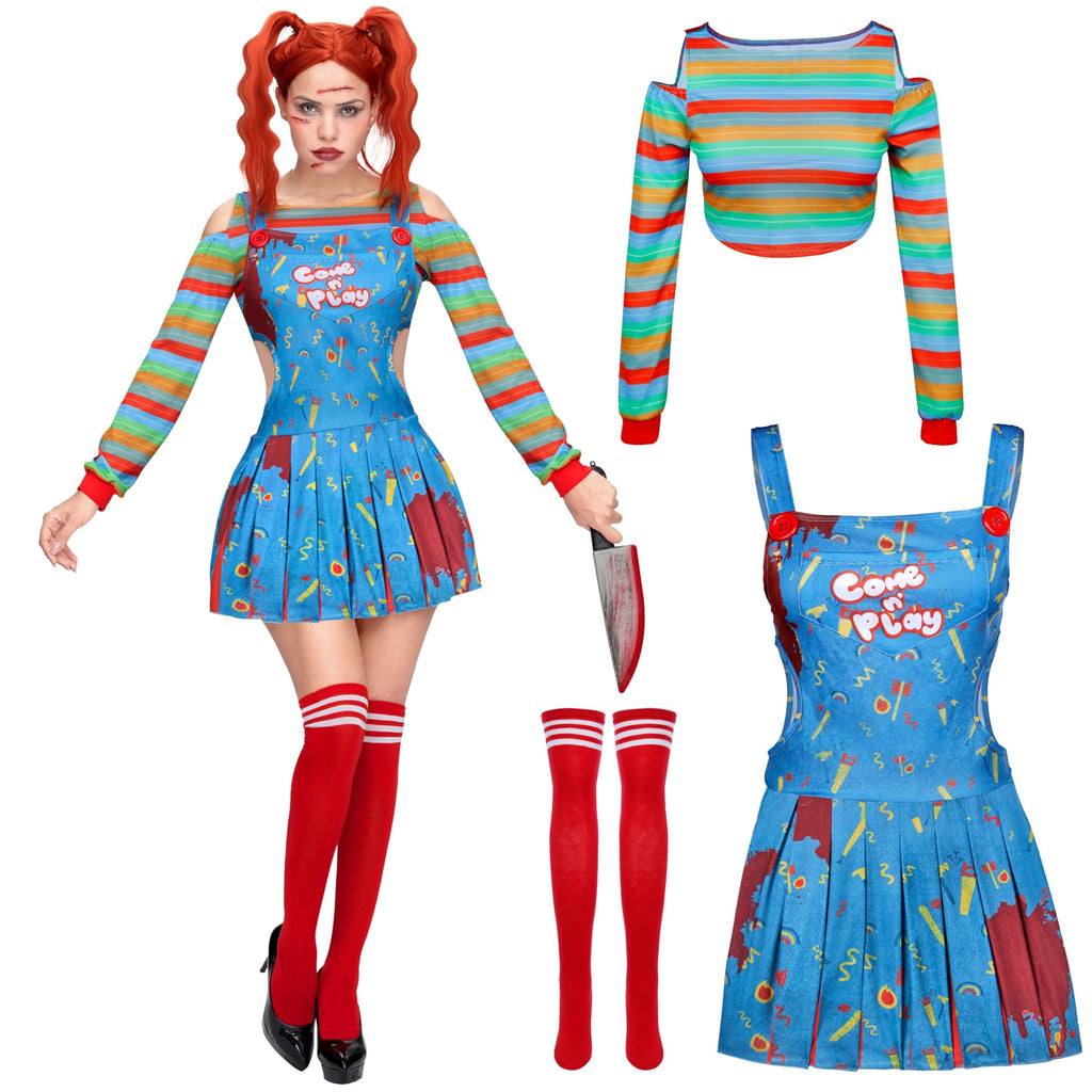 Joyfy Creepy Doll Costume for Women, Family Matching Killer Doll Costume for Halloween Fancy Dress up Cosplay