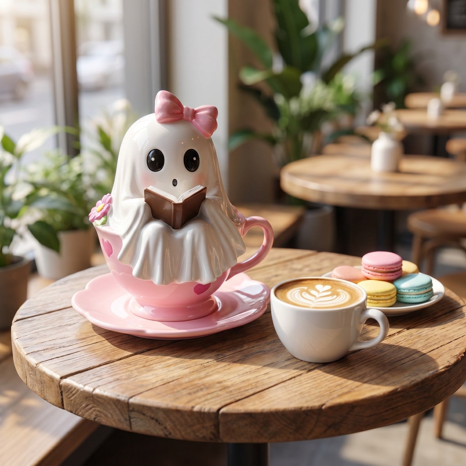 Cute Reading Ghost in Teacup Figurine, Resin Ghost Statue with Pink Bow Heart Floral Cup, Table Centrepiece Tiered Tray Desk Shelf Decor, Small Halloween Decorations, 4.5 Inch