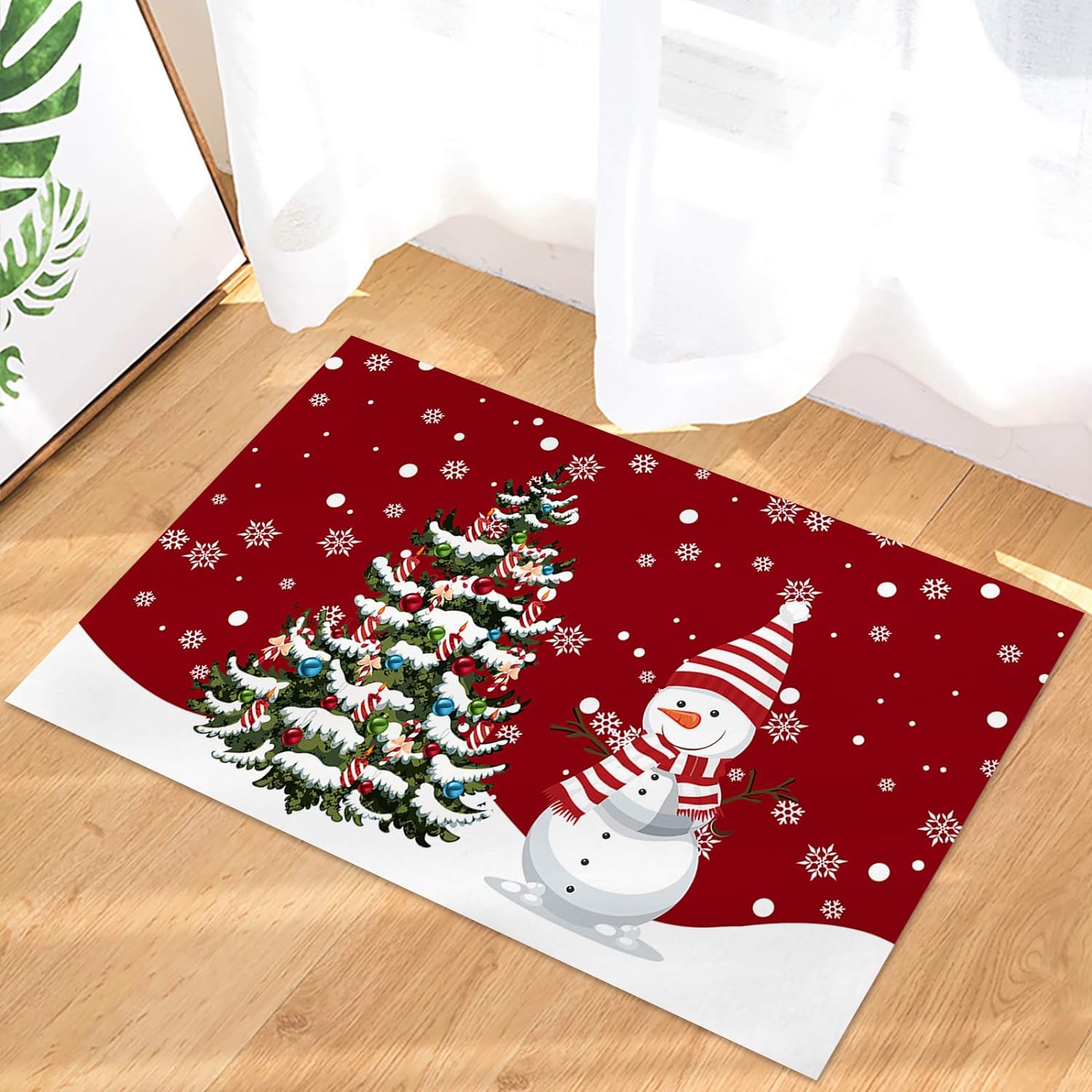 Christmas Snowman Trees Entrance Door Mat, Red Plaid Low Profile Tradition Christmas Decor Welcome Doormat, Non-Slip Carpet Rugs Floor Mat Decorative for Home/Bathroom/Kitchen - 20"x31.5"