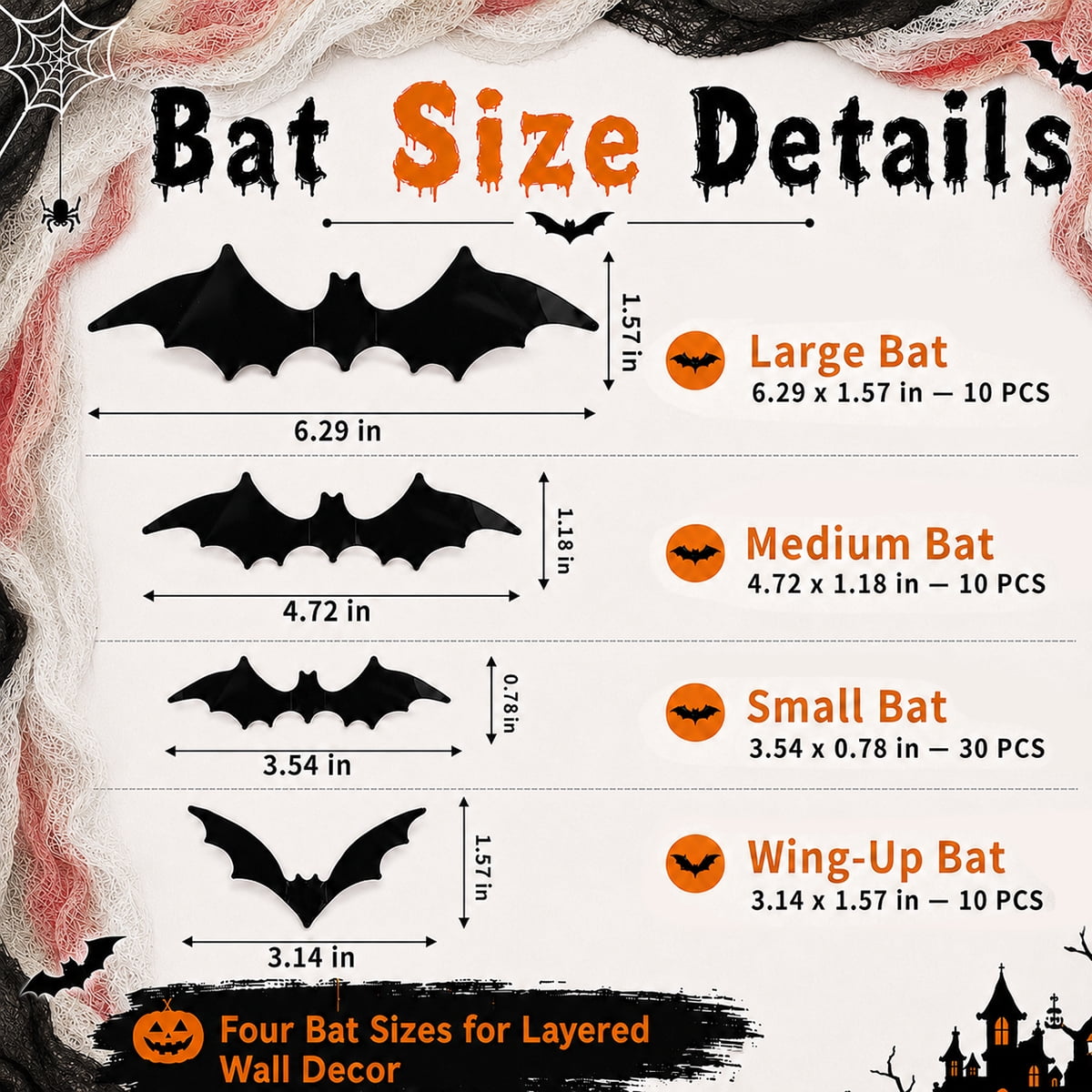 Halloween Creepy Cloth Halloween Gauz Scary Decoration with Bats Spiders Fabric Hanging Spooky Stuff for Indoor Outdoor Home Wall Haunted House Party Supplies 88Pcs Set 1