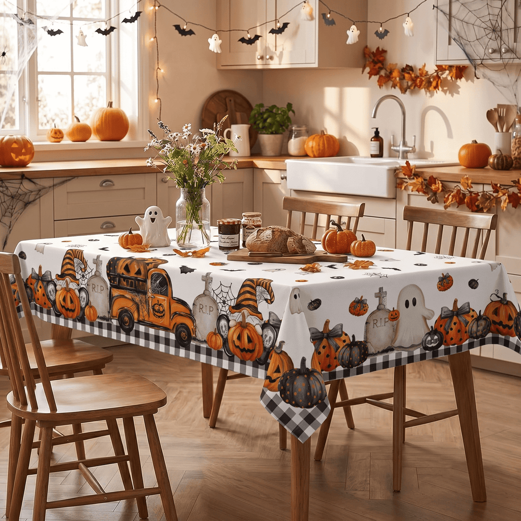 Sm:)e Truck Jack O Lantern Pumpkin Bat Buffalo Plaid Halloween Tablecloth 60 x 84 Inch, Wrinkle-Resistant Table Cover for Dining Decor, Rectangle
