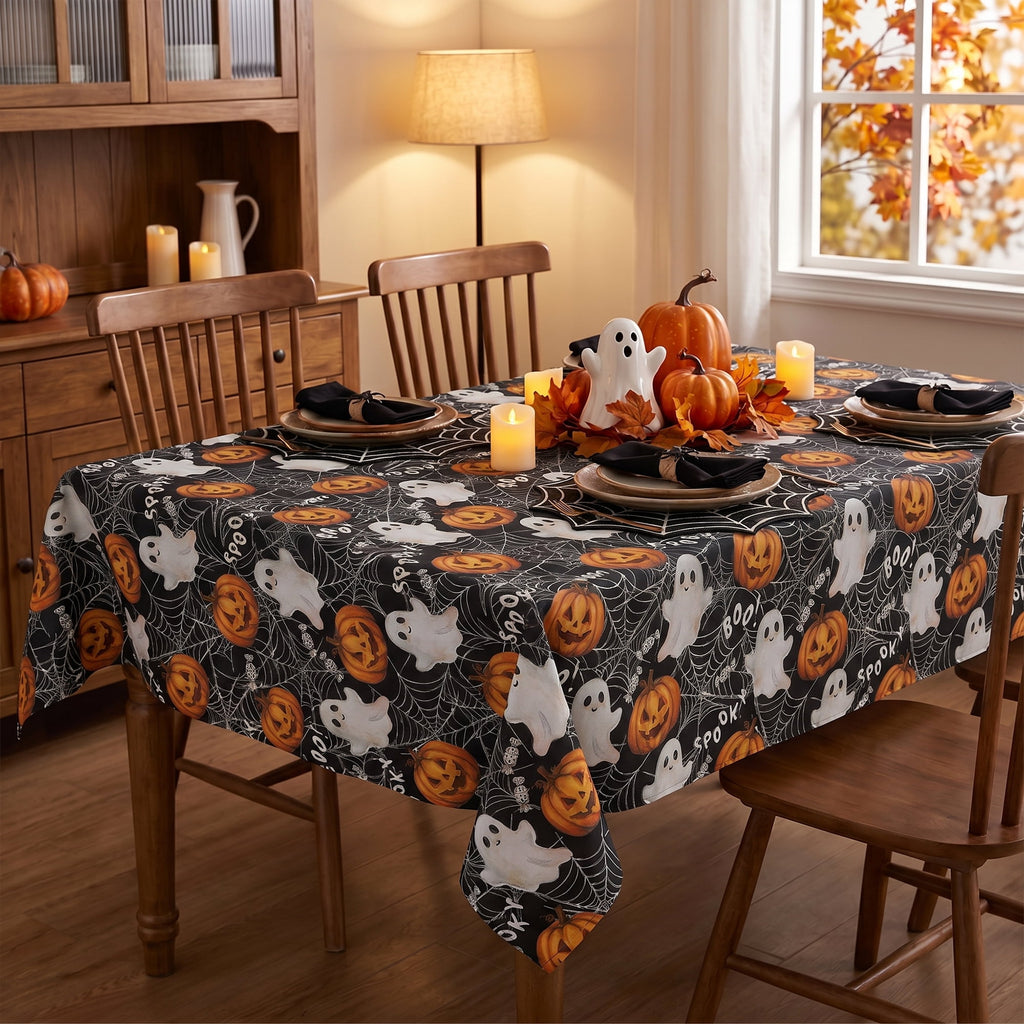 Sm:)e Spooky Ghost Pumpkin Spider Web Halloween Tablecloth 60x84 Inch, Wrinkle-Resistant & Machine Washable Table Cover for Dining Decor, Rectangle
