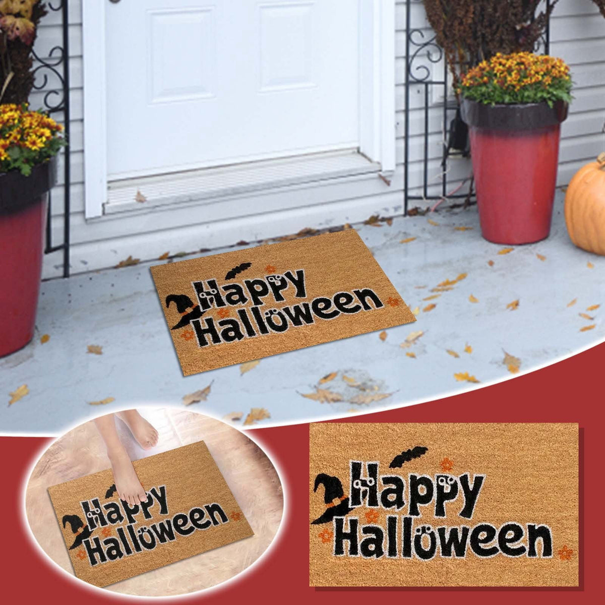 Wovilon Halloween Area Rug Doormat, Black Castle Front Door Mat Non Slip Rubber Backing, Happy Halloween Orange Indoor Outdoor Entrance Mats, Halloween Home Decor Outdoor Rug, 16 X 24 Inches