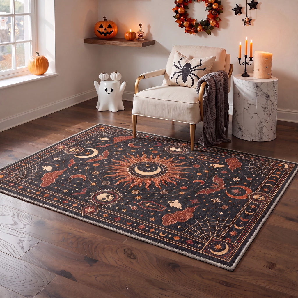 GENIMO 2'x7' Halloween Runner Rug, Washable Non Slip Soft Whimsical Skeleton Indoor Outdoor Hallway Runner for Porch Patio Kitchen Entryway, Charcoal Black