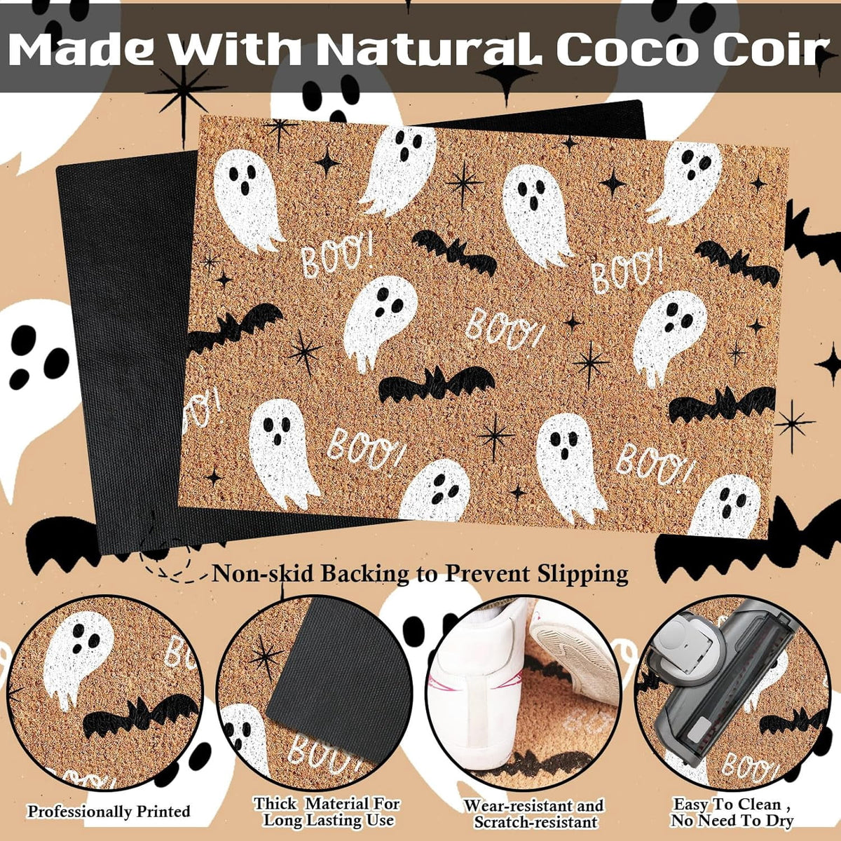 Jinswick Halloween Doormat Coir Ghost Welcome Doormat Funny Halloween Boo Bat Door Mat with Anti-Slip Rubber Non Slip Floor Mat for Indoor Front Door Entrance Decor, 16 x 24 Inch(Amusing)